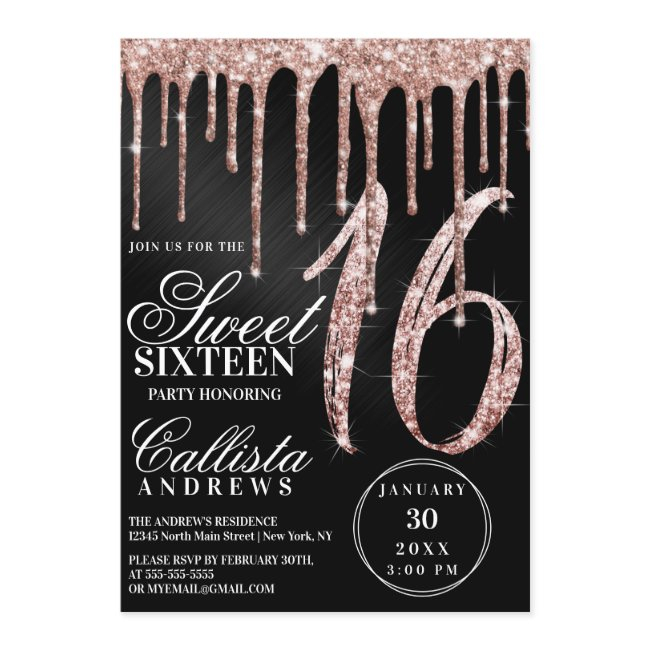 Rose Gold Black Metallic Glitter Drips Sweet 16 Invitation