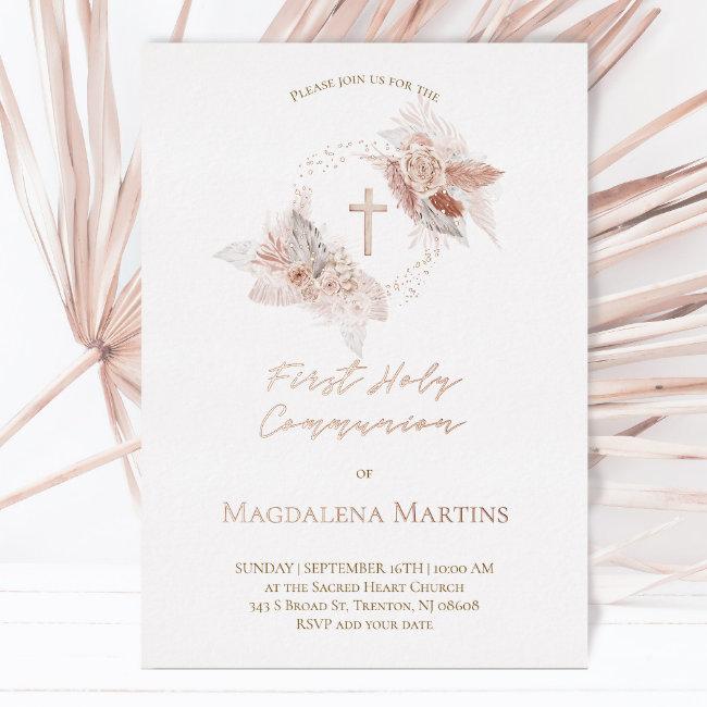 Rose Gold Details First Communion Boho Flowers Foil Invitation