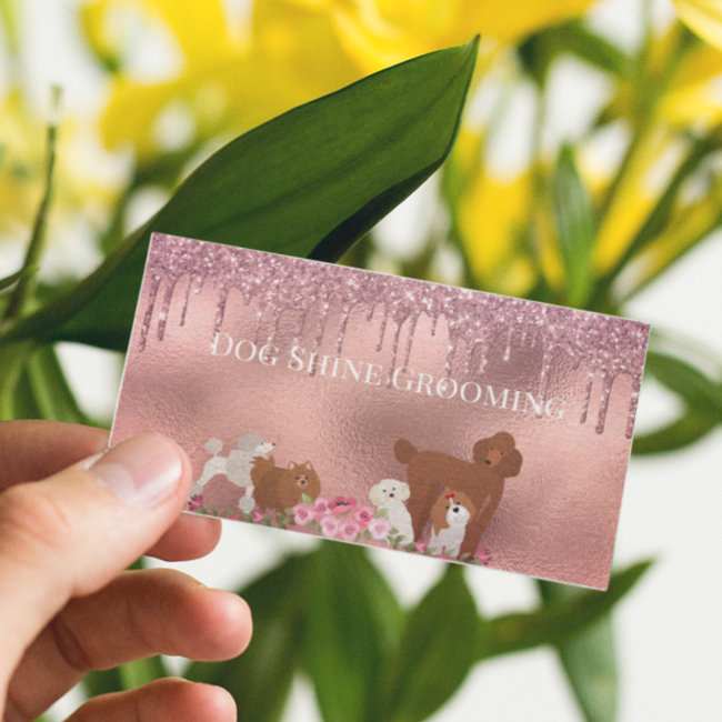 Rose Gold Dog Grooming Glitter Pet Services Business Invitations