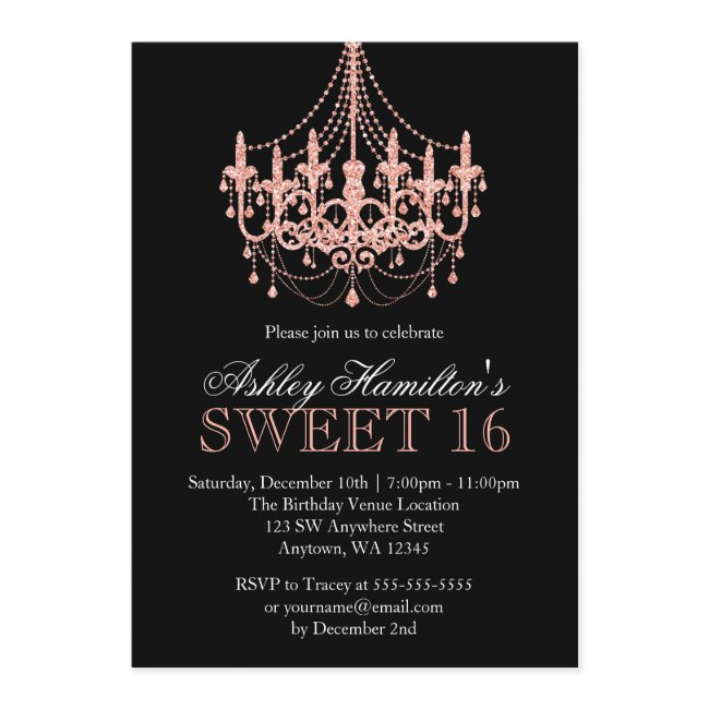 Rose Gold Faux Glitter Chandelier Sweet 16 Invitation