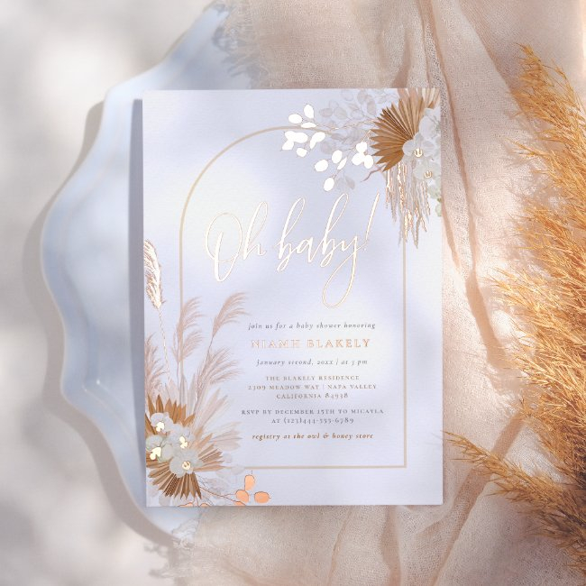 Rose Gold Foil | Boho Pampas Arch Baby Shower Foil Invitation