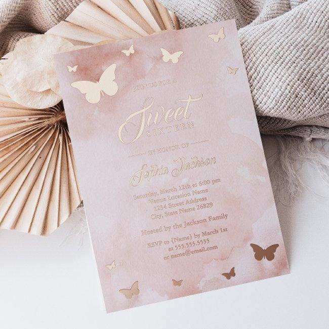 Rose Gold Foil Pink Butterfly Sweet 16 Party Foil Invitation
