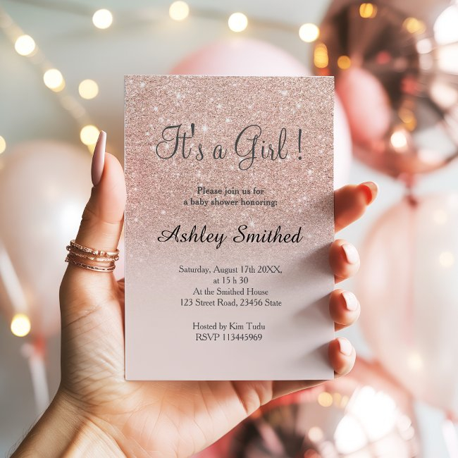 Rose Gold Glam Glitter Pink Ombre Girl Baby Shower Invitation