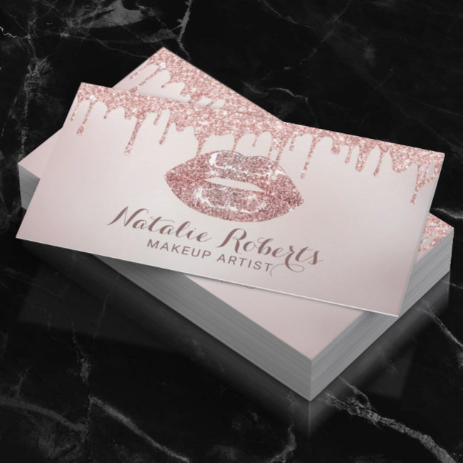 Rose Gold Glitter Drips Chic Lips Makeup Artist Business Invitations