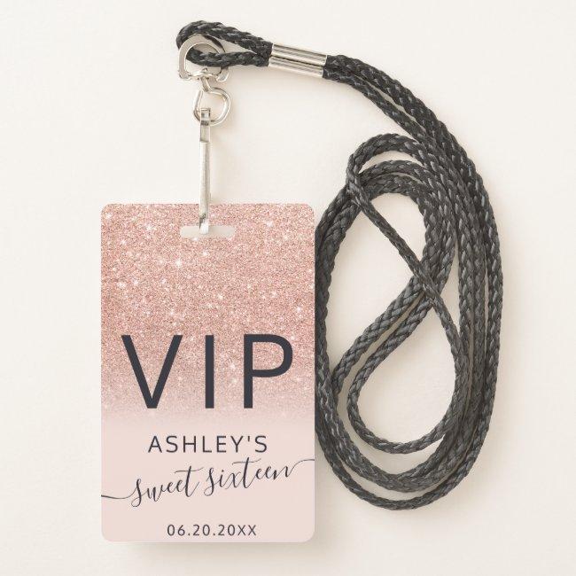 Rose Gold Glitter Ombre Script Blush Sweet 16 Vip Badge