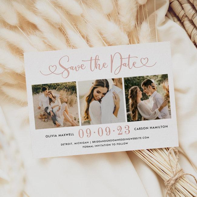 Rose Gold Heart Script Wedding Photo Save The Date Foil Invitation
