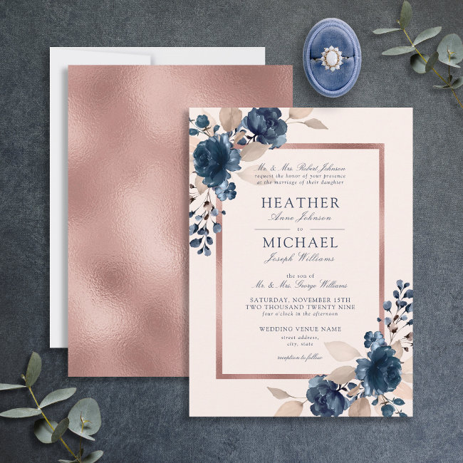 Rose Gold Navy Blue Dusty Pink Floral Wedding Invitation