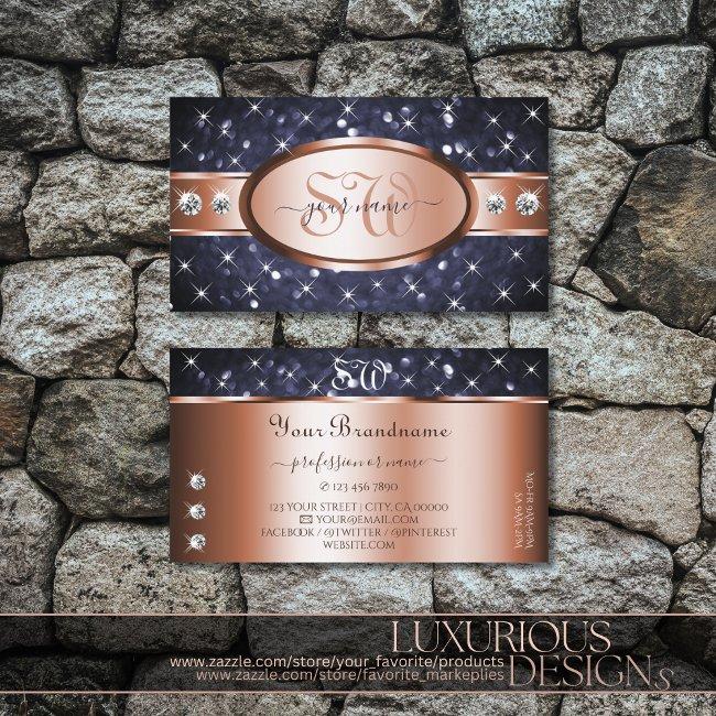 Rose Gold Ocean Blue Glitter Diamonds And Initials Business Invitations