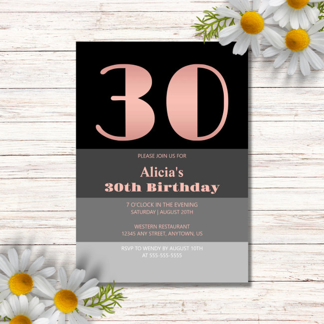 Rose Gold Script Black Grey Stripes 30th Birthday Invitation