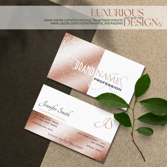 Rose Gold Shimmer White Glitter Stars And Monogram Business Invitations