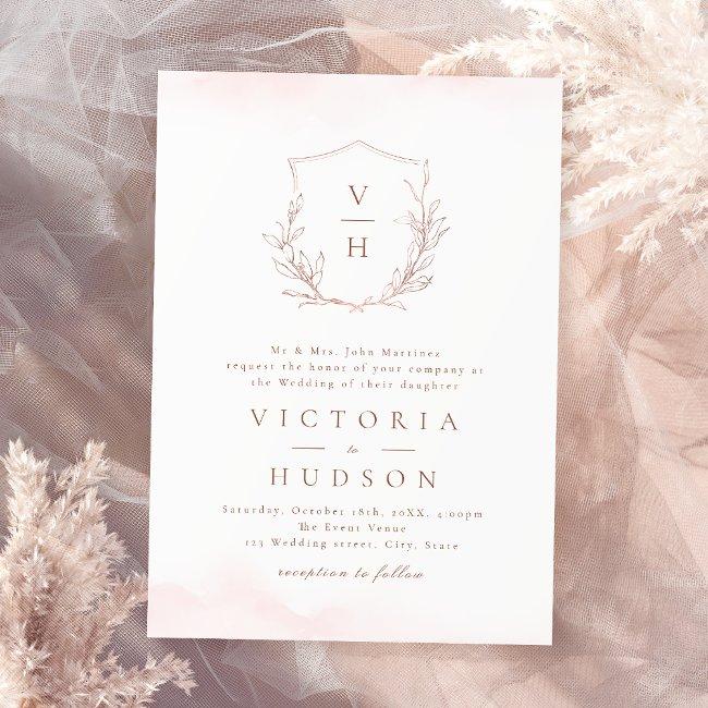 Rose Gold Simple Botanical Crest Monogram Wedding Invitation