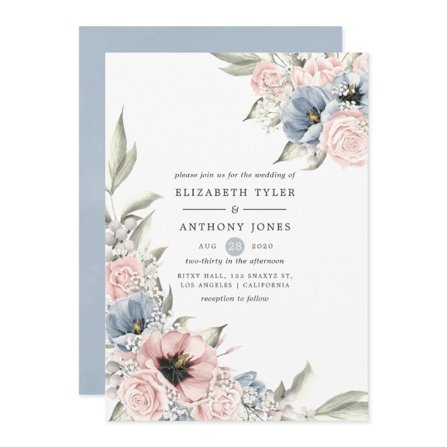 Rose Quartz And Serenity Blue Floral Wedding Invitation