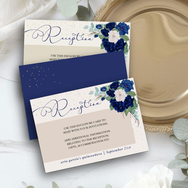 Royal Blue And Ivory Rose Reception Enclosure Invitations