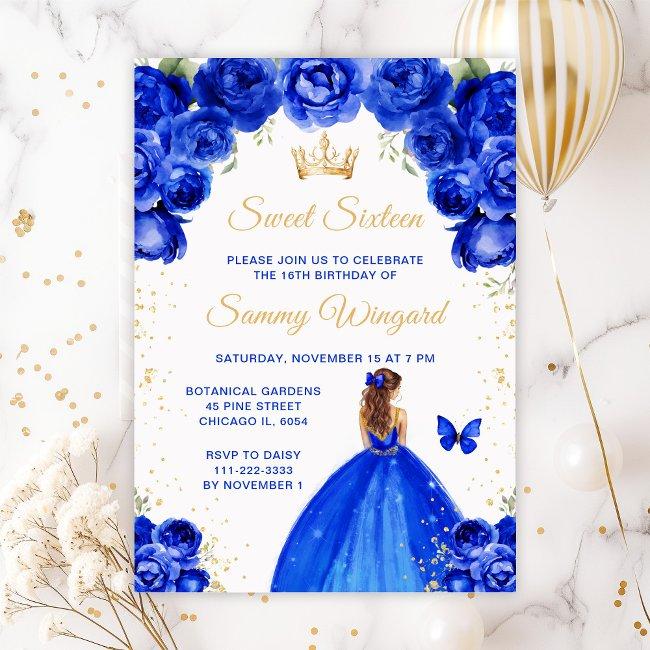 Royal Blue Brown Hair Princess Sweet Sixteen Invitation
