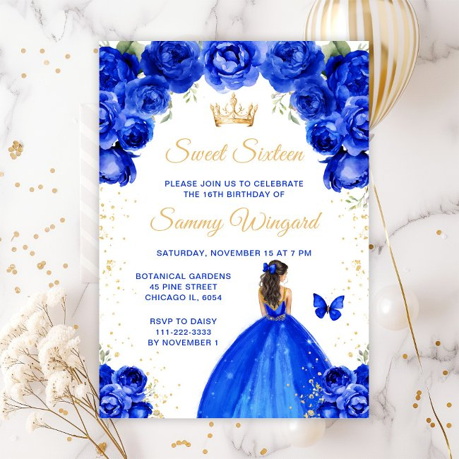 Royal Blue Brunette Hair Princess Sweet Sixteen Invitation
