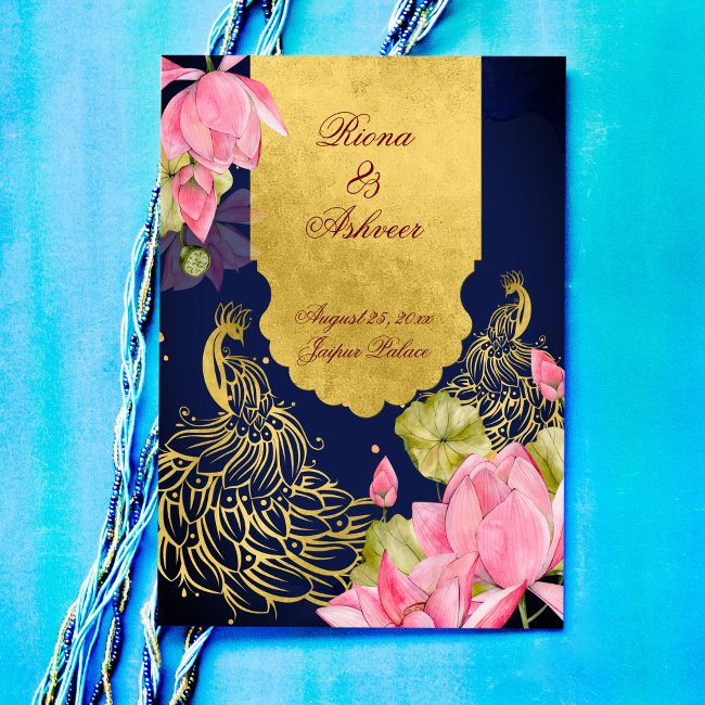 Royal Blue Gold Peacock Pink Lotus Indian Wedding Invitation