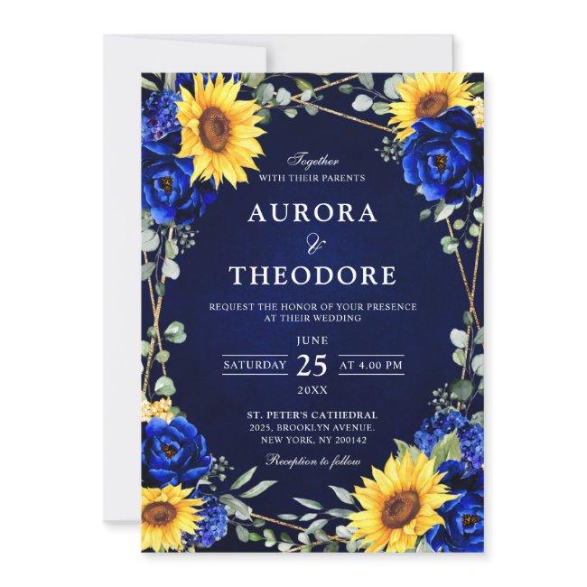 Royal Blue Rustic Sunflower Geometric Wedding Inv Invitation