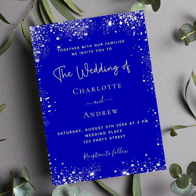 Royal Blue Silver Glitter Qr Rsvp Luxury Wedding Invitation