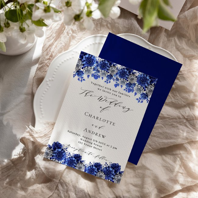 Royal Blue White Florals Script Wedding Invitation