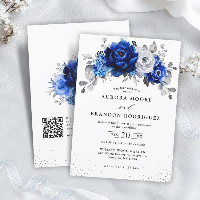 Royal Blue White Silver Qr Code Floral Wedding Invitation