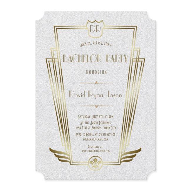 Royal Gold White Art Deco Monogram Bachelor Party Invitation