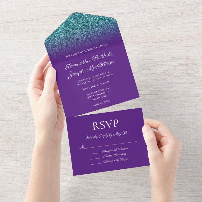 Royal Purple And Teal Ombre Glitter Wedding All In One Invitation
