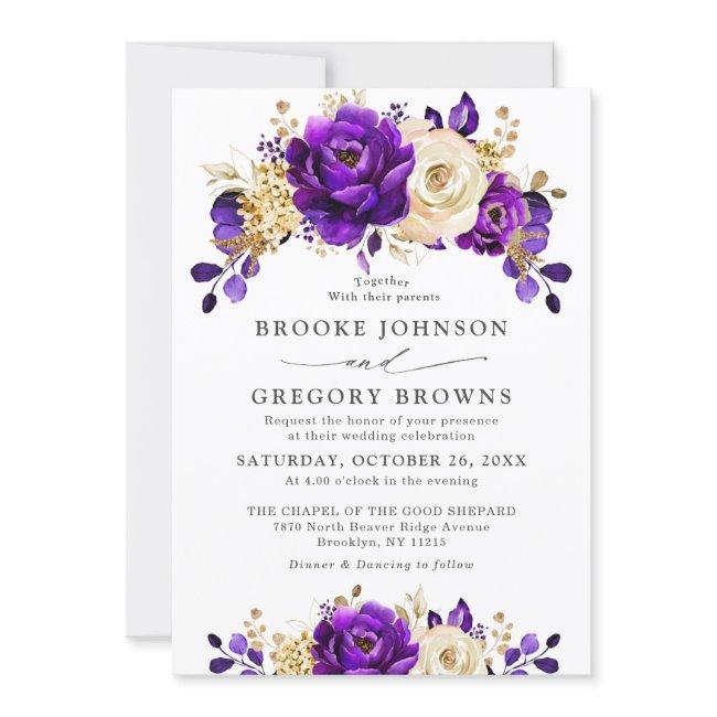 Royal Purple Violet Gold Floral Botanical Wedding Invitation