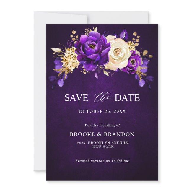 Royal Purple Violet Gold Floral Botanical Wedding Save The Date
