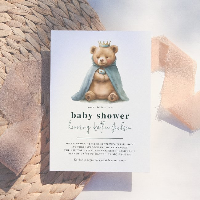 Royal Teddy Bear Little Prince Boy Baby Shower Invitation