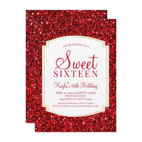 Ruby Red Glitter Sweet 16 Invitations