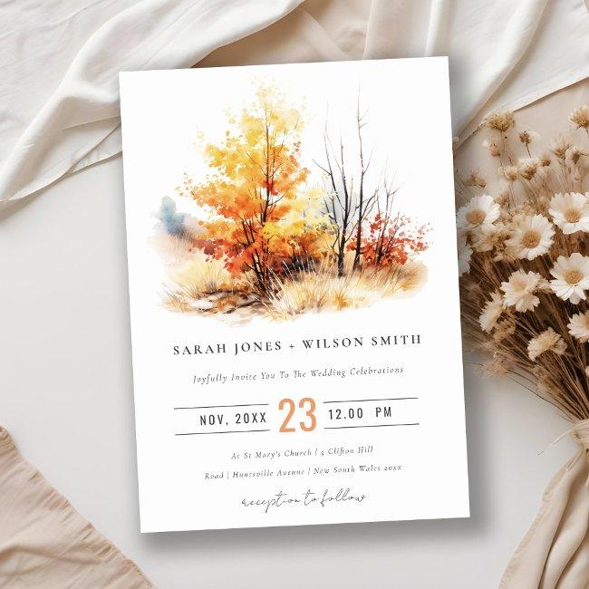 Rust Yellow Autumn Fall Landscape Plaid Wedding Invitation
