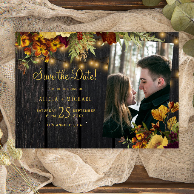 Rustic Autumn Fall Floral Wood Photo Wedding Save The Date