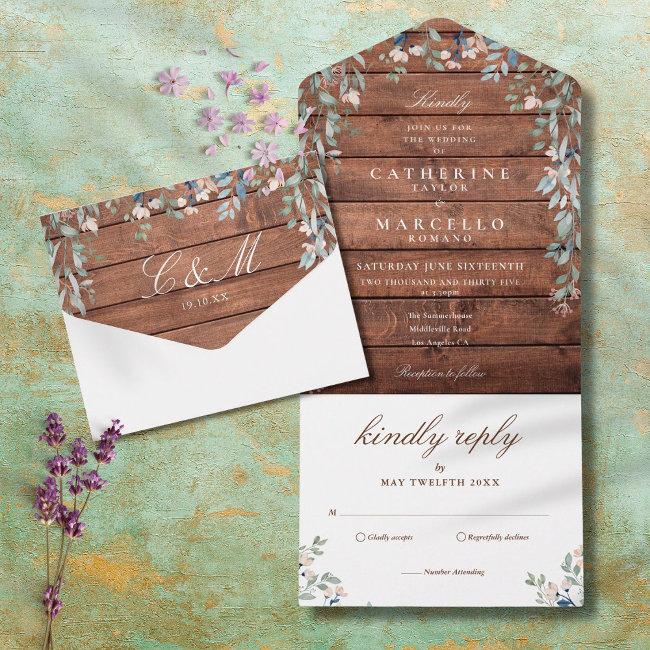 Rustic Barn Wood Floral Greenery Cascade Wedding All In One Invitation