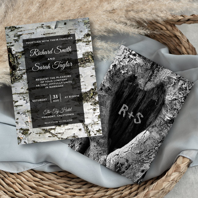 Rustic Birch Tree Bark Modern Wedding Invitation