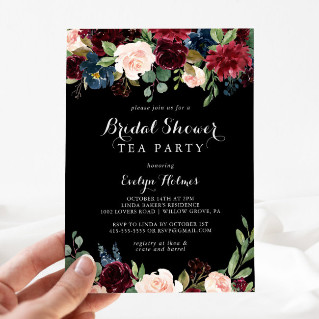 Rustic Black Botanical Bridal Shower Tea Party Invitation