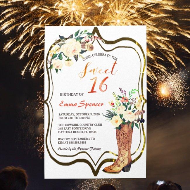 Rustic Boho Cowgirl Floral Boots Sweet 16 B'day Invitation