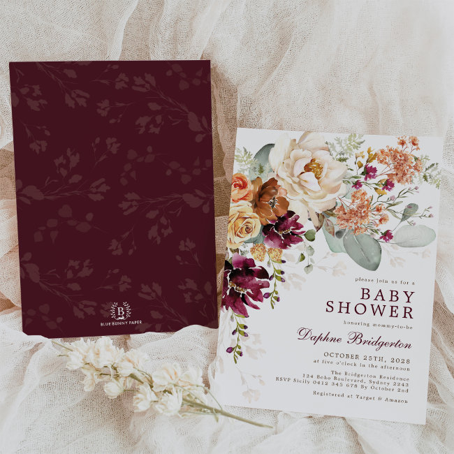 Rustic Boho Maroon Burnt Orange Floral Baby Shower Invitation