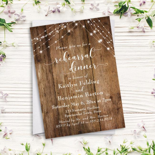 Rustic Brown Wood & Light Strings Rehearsal Dinner Invitation