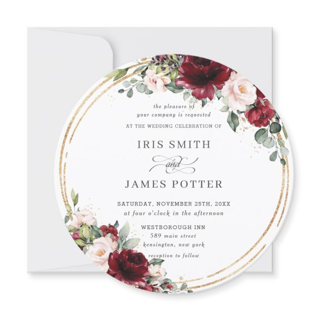 Rustic Burgundy Blush Floral Gold Greenery Wedding Invitation