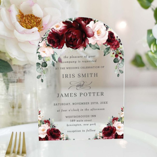 Rustic Burgundy Blush Floral Roses Arch Wedding Acrylic Invitations