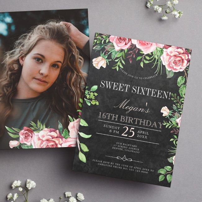 Rustic Chalkboard Pink Roses Photo Sweet Sixteen Invitation