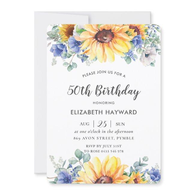 Rustic Chic Sunflower Blue Floral Female Birthday Invitation