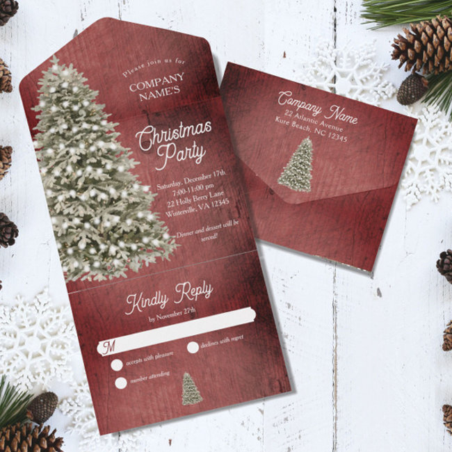 Rustic Christmas Tree Company Party Holiday Red All In One Invitation