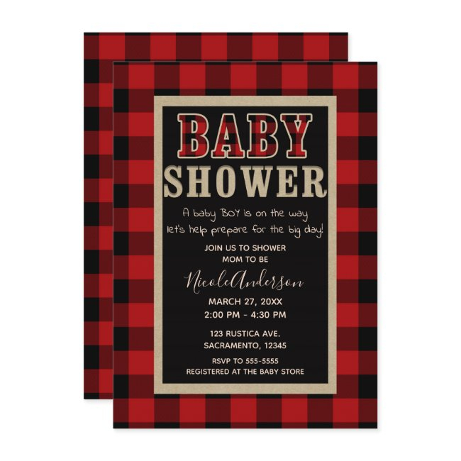 Rustic Country Red Black Buffalo Plaid Baby Shower Invitation
