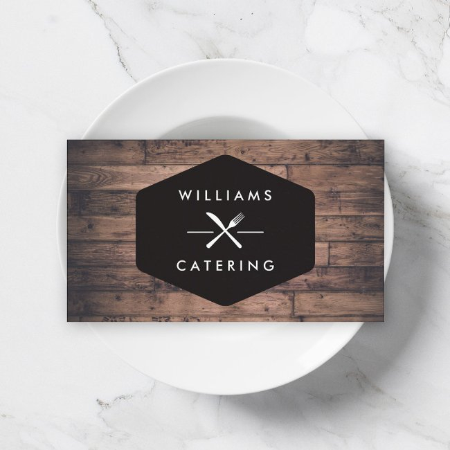 Rustic Crossed Fork Knife Logo Distressed Wood I Business Invitations