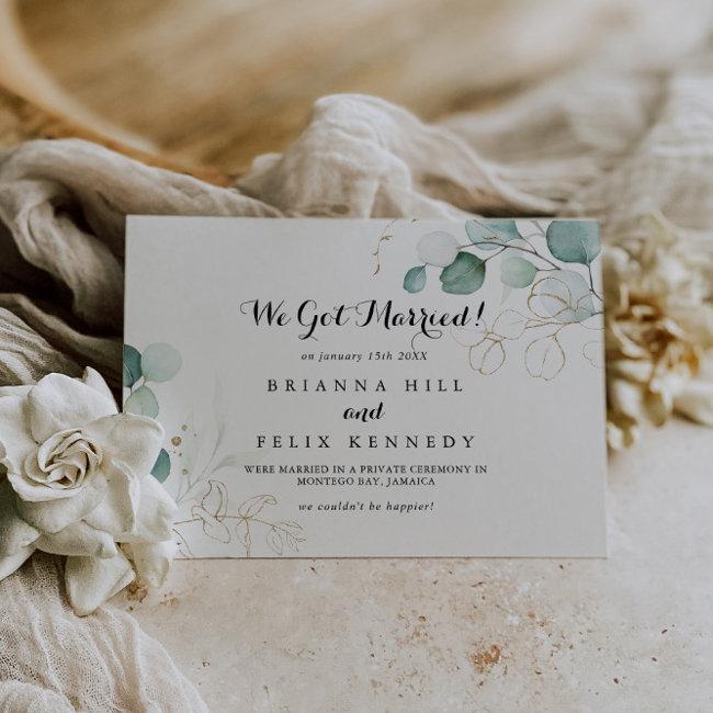 Rustic Eucalyptus Gold Calligraphy Elopement Announcement
