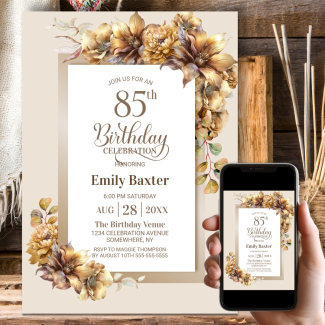 Rustic Floral 85th Birthday Party Invitation