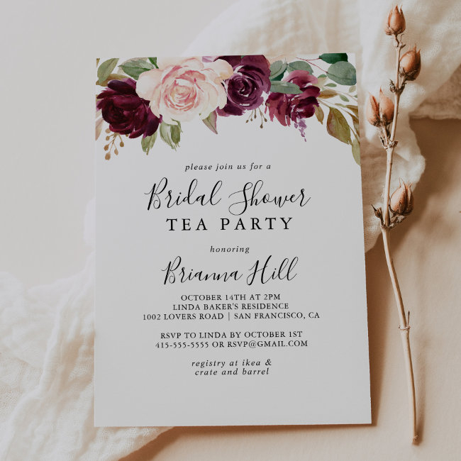 Rustic Floral Botanical Bridal Shower Tea Party Invitation