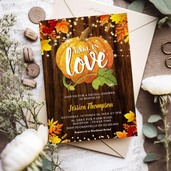 Rustic Glitter Pumpkin Fall In Love Bridal Shower Invitation