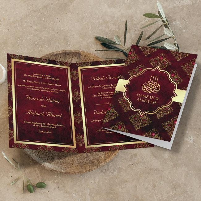 Rustic Gold Maroon Red Damask Muslim Wedding Invitation